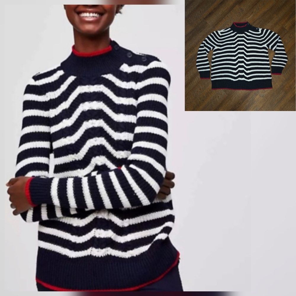 LOFT Cotton Cable Mock Neck Knit Sweater Nautical Beachy Preppy July 4th Sz XL